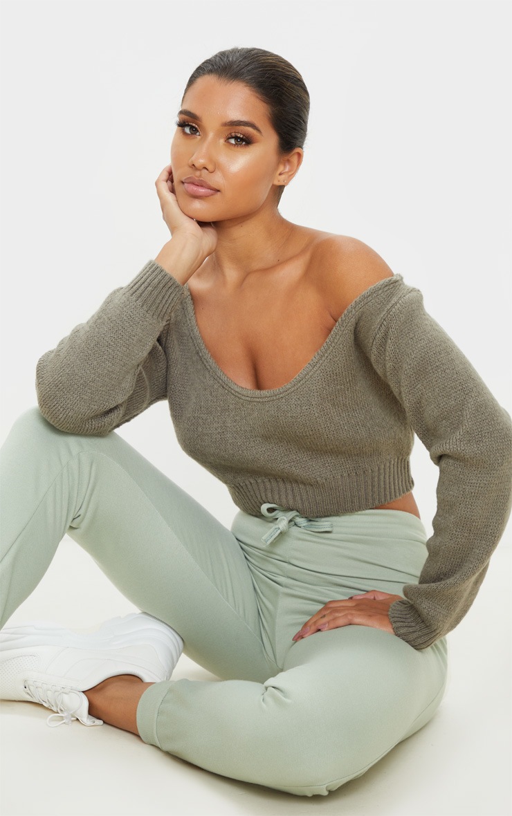 Khaki V Neck Off Shoulder Soft Knitted Crop Sweater