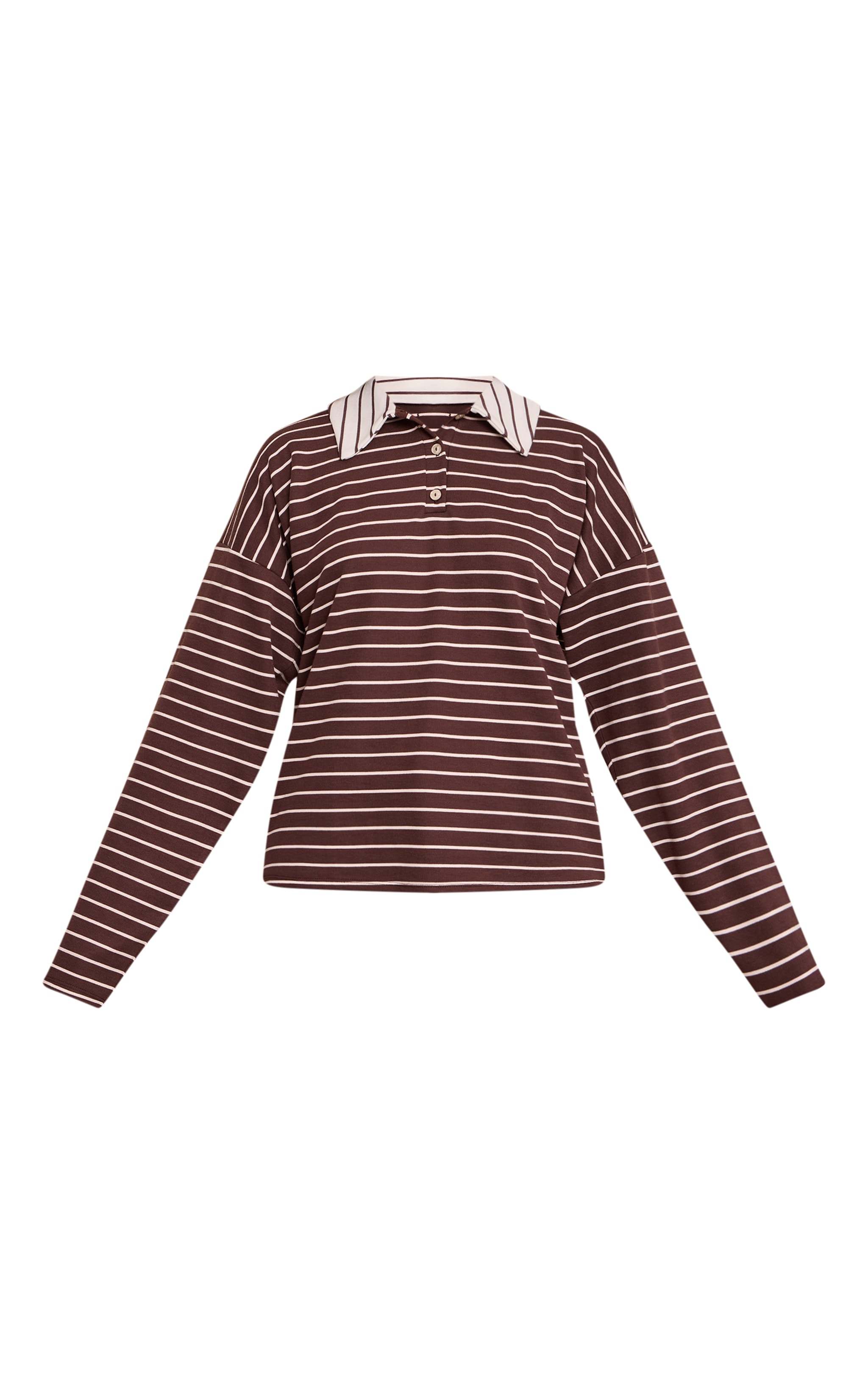 Chocolate Striped Collared Rugby Style Oversized Long Sleeve Top image 5