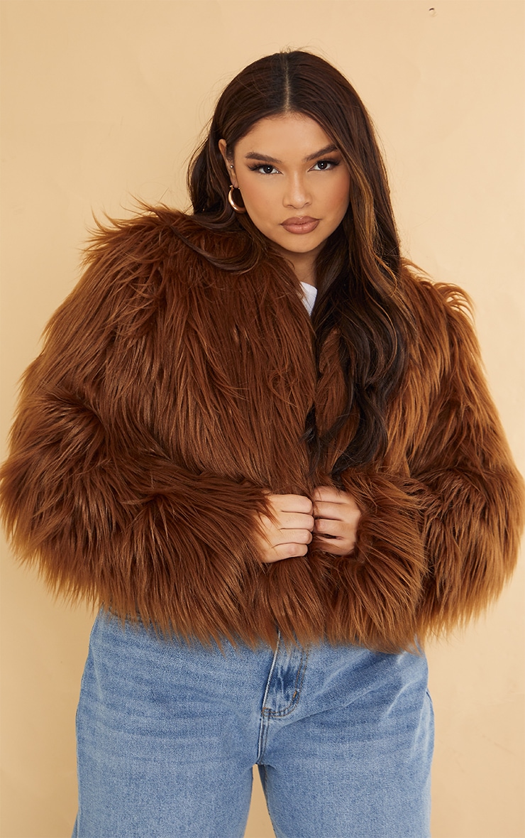 Prettylittlething Women's Brown Faux Fur Oversized Coat - Size 2