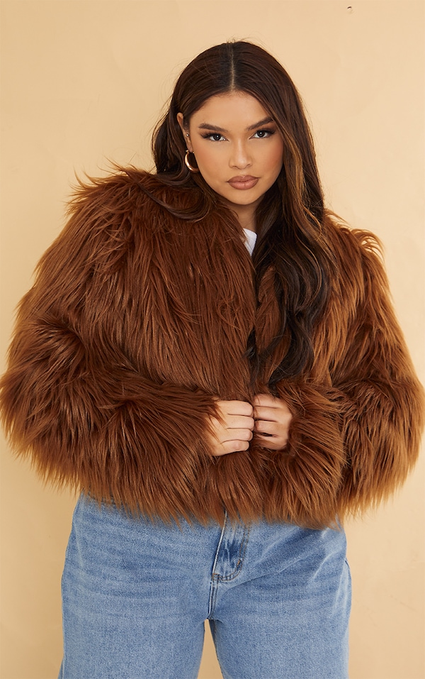 Plus Chocolate Faux Fur Shaggy Cropped Jacket