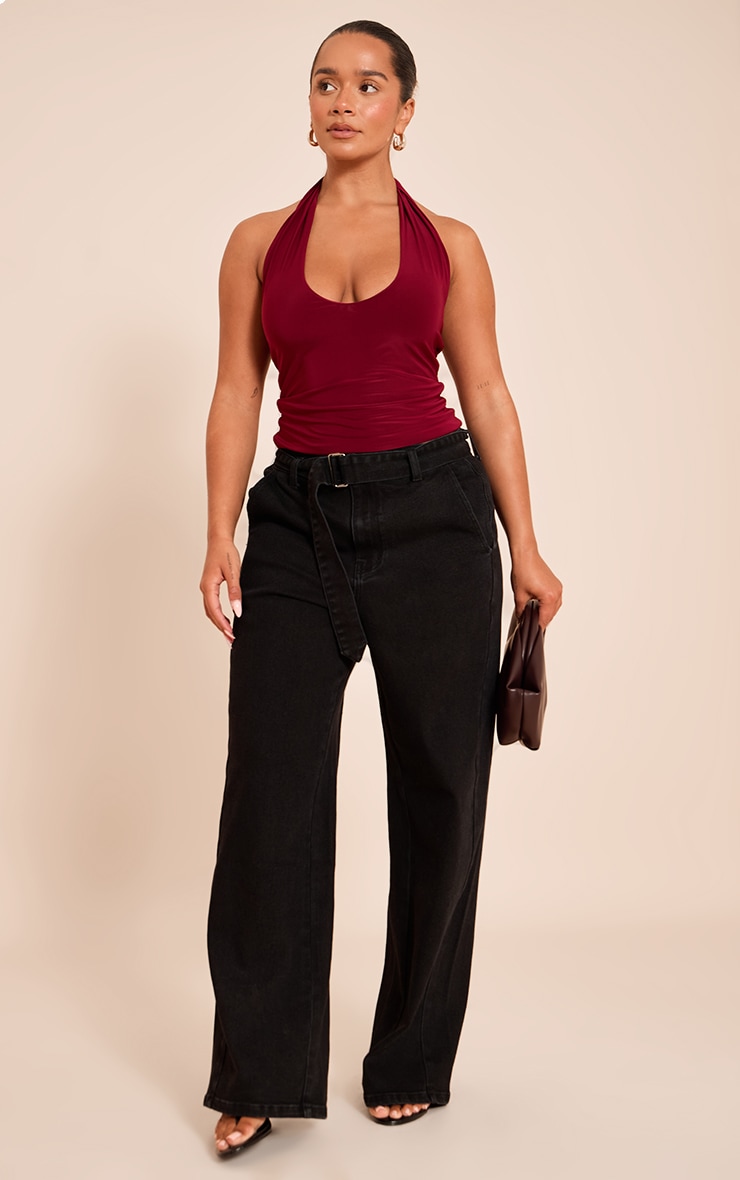 Shape black Stretch Denim High waisted Belted Wide Leg Jeans