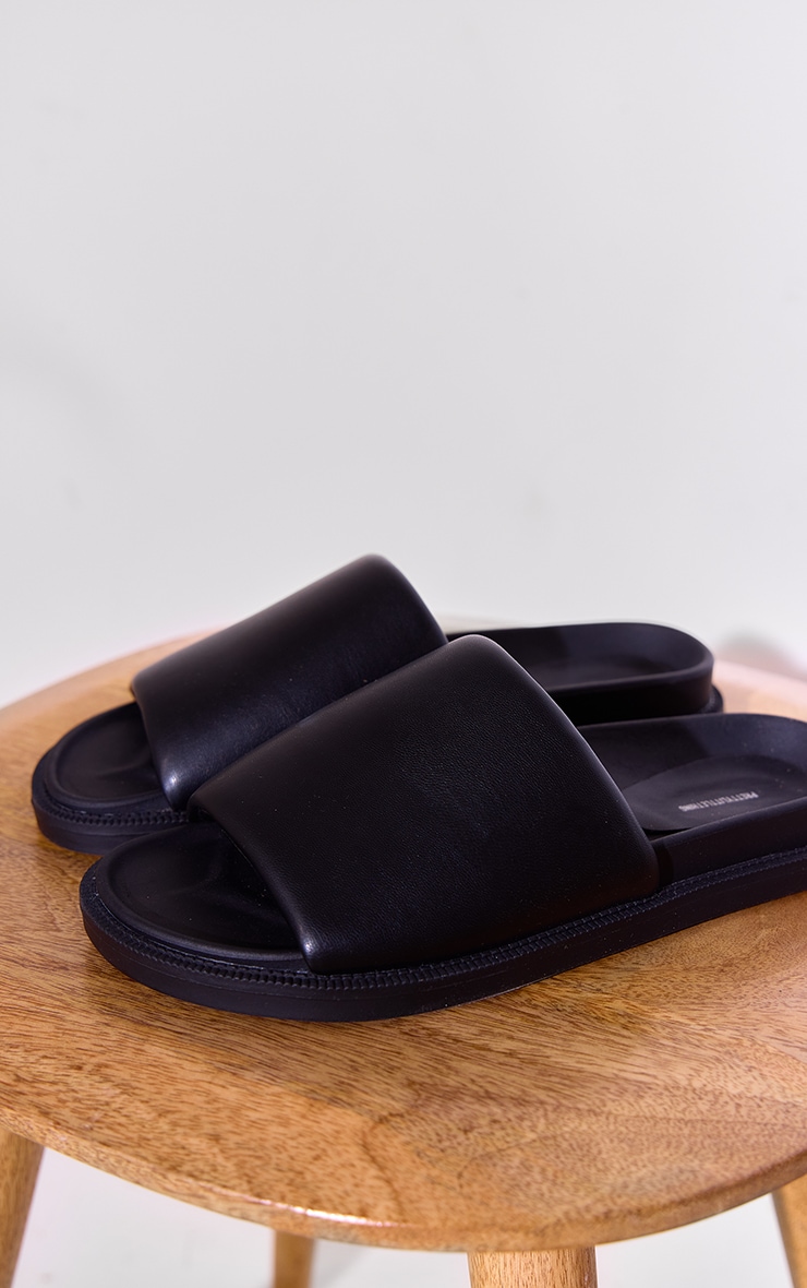 Black PU Round Toe Footbed Flat Sandals image 4
