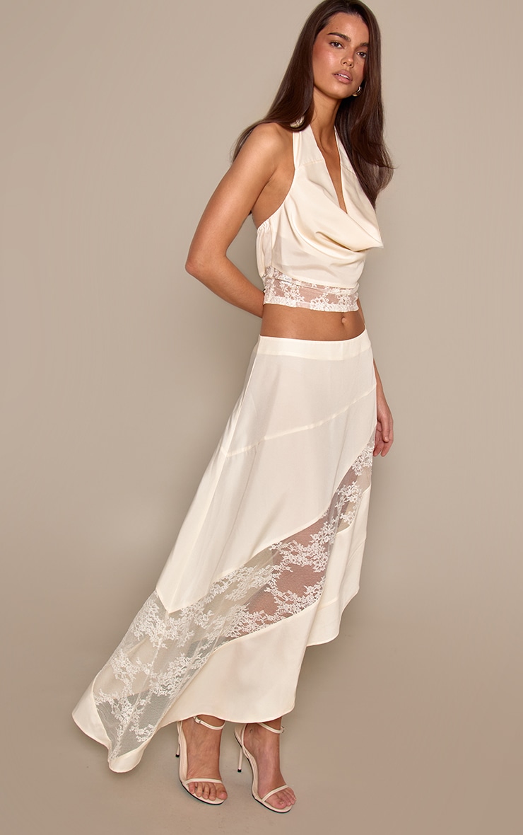 Butter Yellow Contrast Lace Asymmetric Midi Skirt image 2