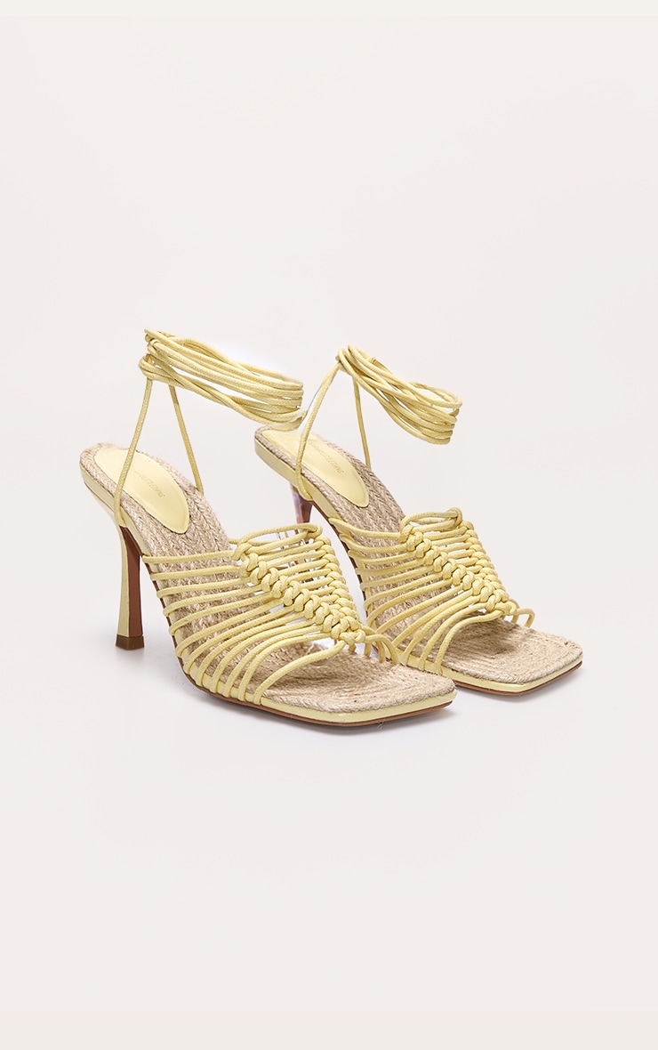 Butter Yellow Pu Square Knotted Toe Lace Up Heeled Sandals image 2