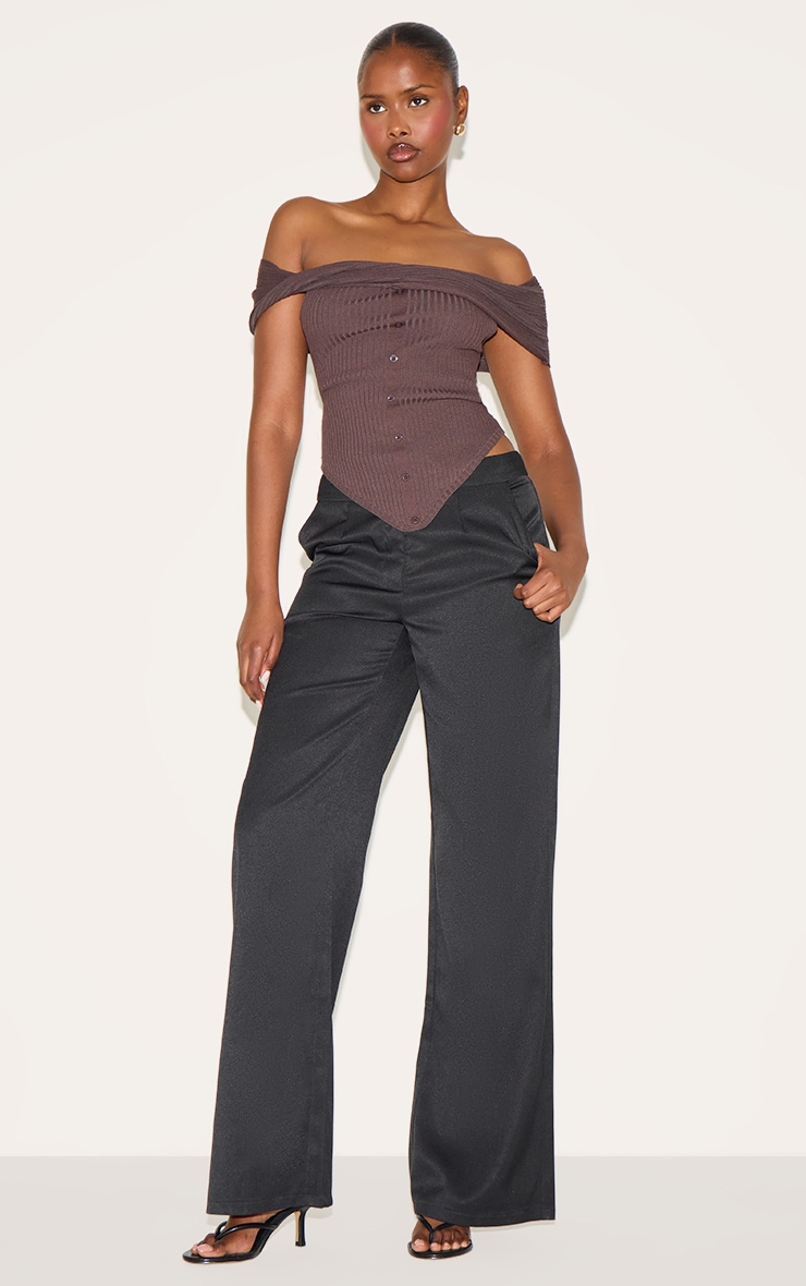 Chocolate Rib Knit Twist Bardot Button Through Top image 3