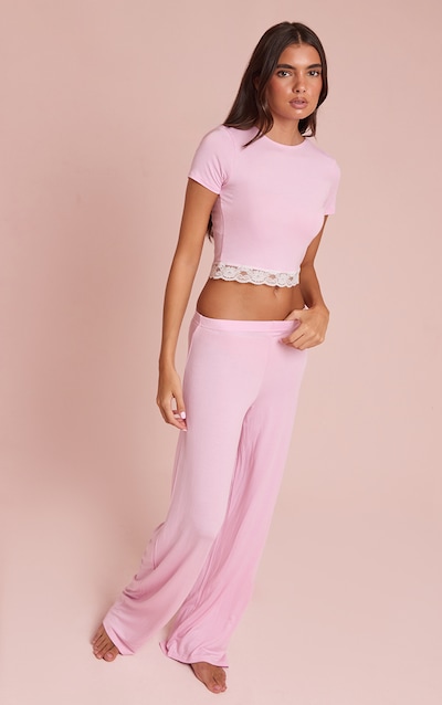 Baby Pink Jersey Lace Trim Long PJ Set