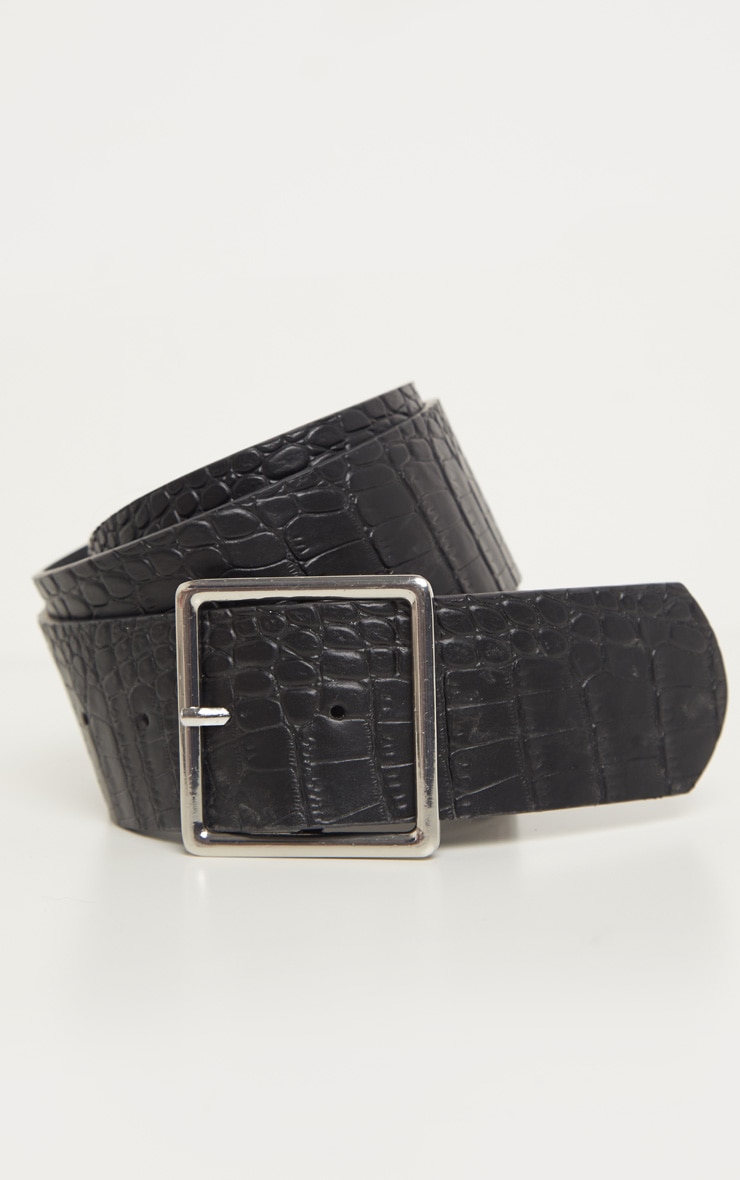 Black Croc Silver Square Buckle Belt PrettyLittleThing