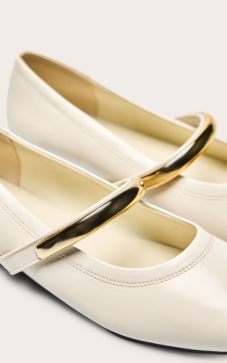 Cream Soft PU Gold Strap Square Toe Ballet Flats image 5