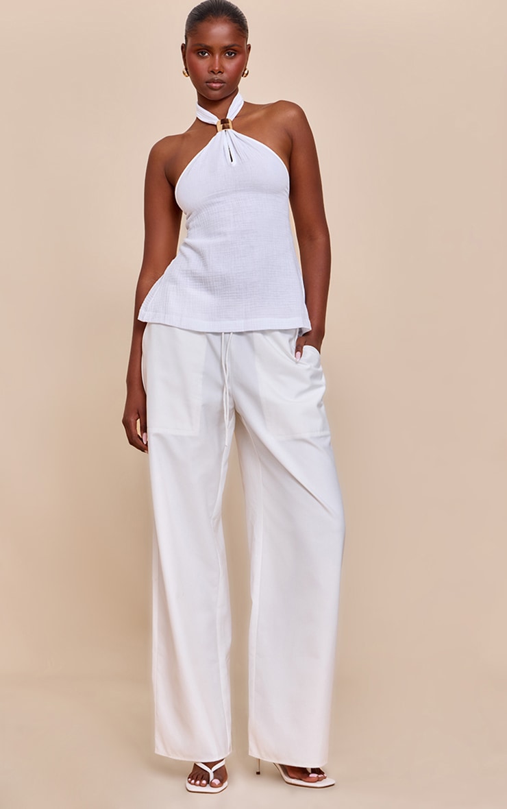 White Lightweight Woven Halterneck Trim Detail Top image 3