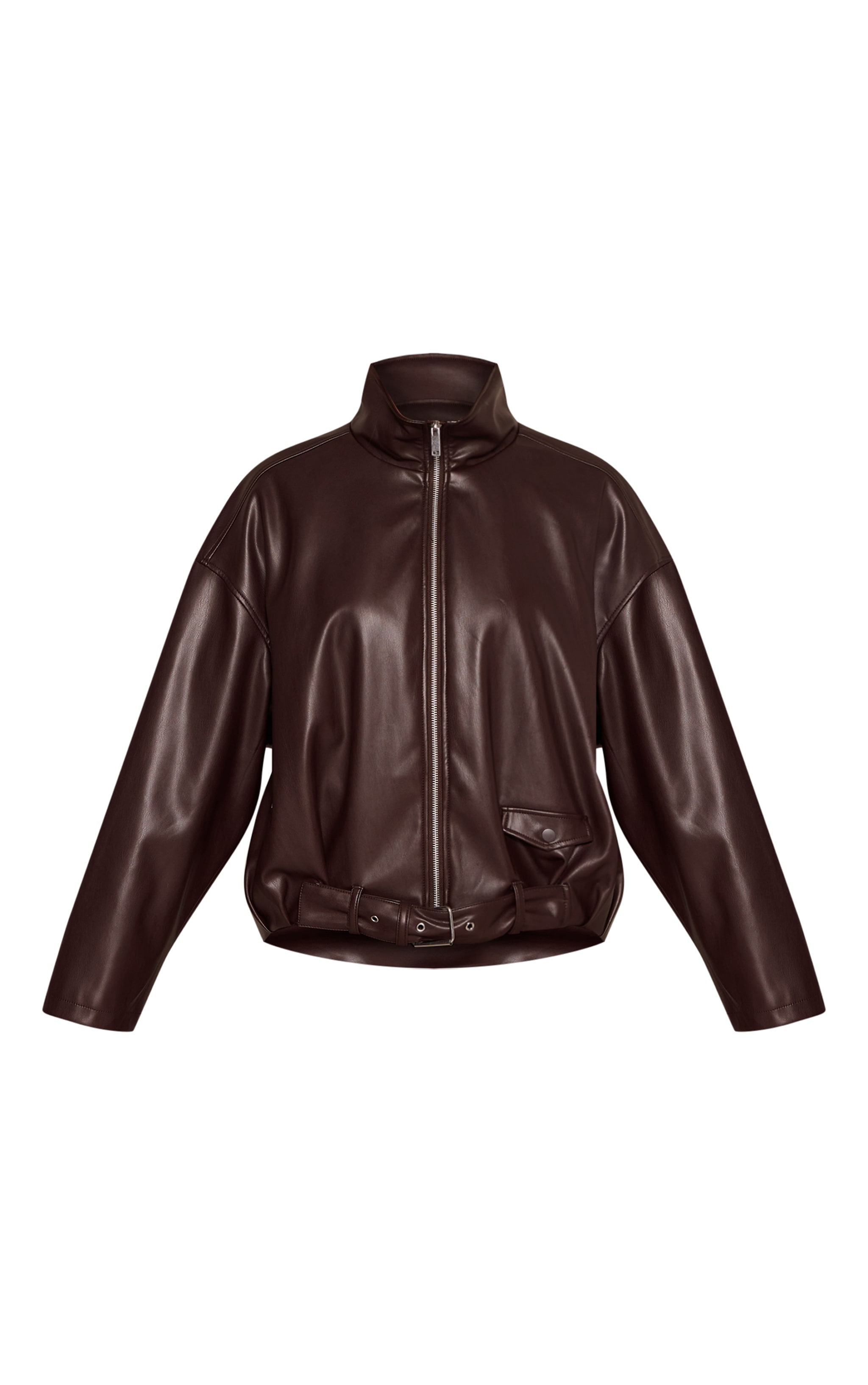 Chocolate Low Belt Detail Ruched Faux Leather Biker Jacket image 5