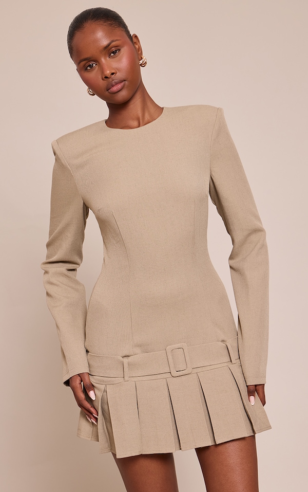 Light Grey Woven Belt Pleated Mini Shift Dress
