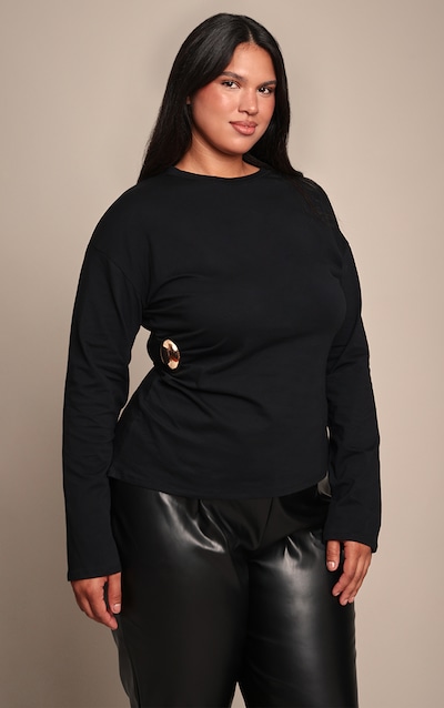 Plus Black Cotton Side Trim Detail Long Sleeve T-shirt