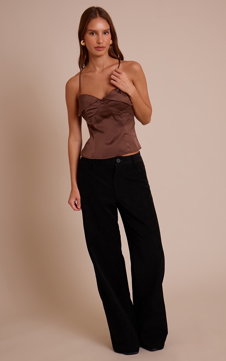Chocolate Satin Fold Over Detail Strappy Long Top image 3