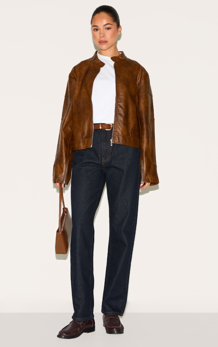 Chocolate Faux Leather Washed Boxy Biker Jacket image 3