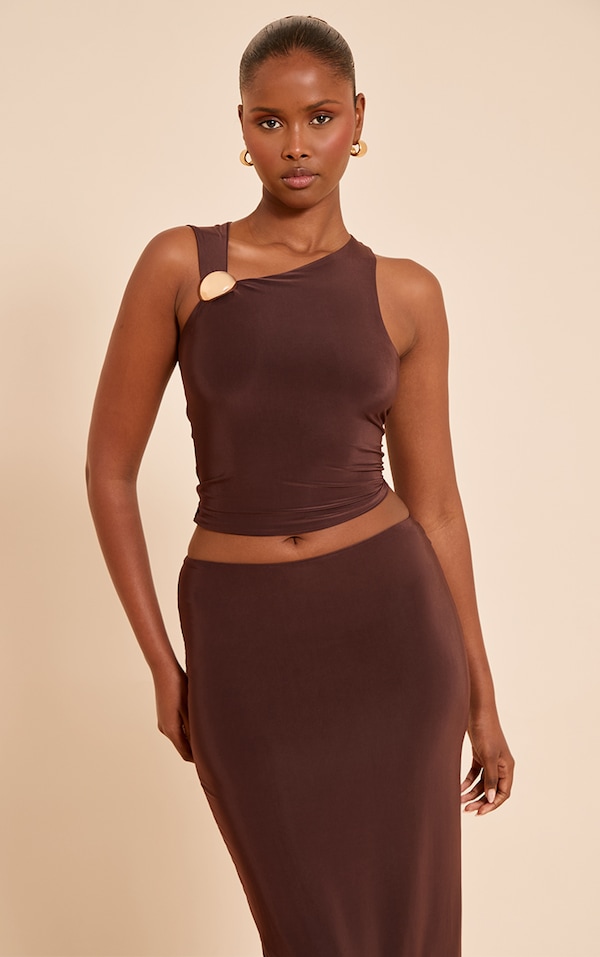 Chocolate Slinky Trim Detail Asymmetric Top