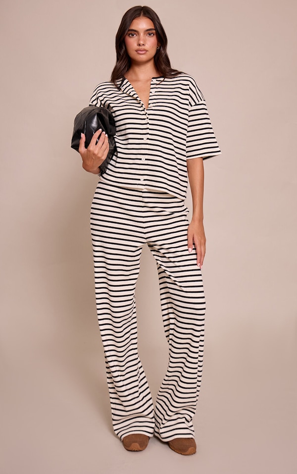 Cream Stripe Rib Wide Leg Pant 