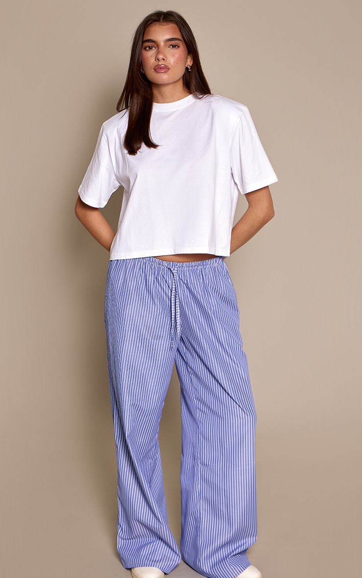 Blue Striped Print Drawstring Wide Leg Trousers