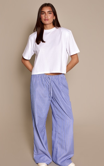 Blue Striped Print Drawstring Wide Leg Pants