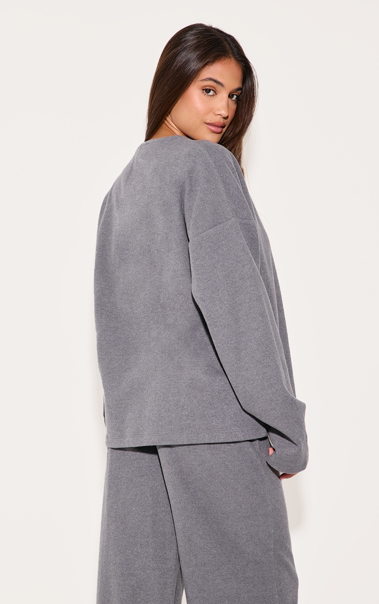 Charcoal Heavy Brushed Rib V Neck Button Up Cardigan image 2
