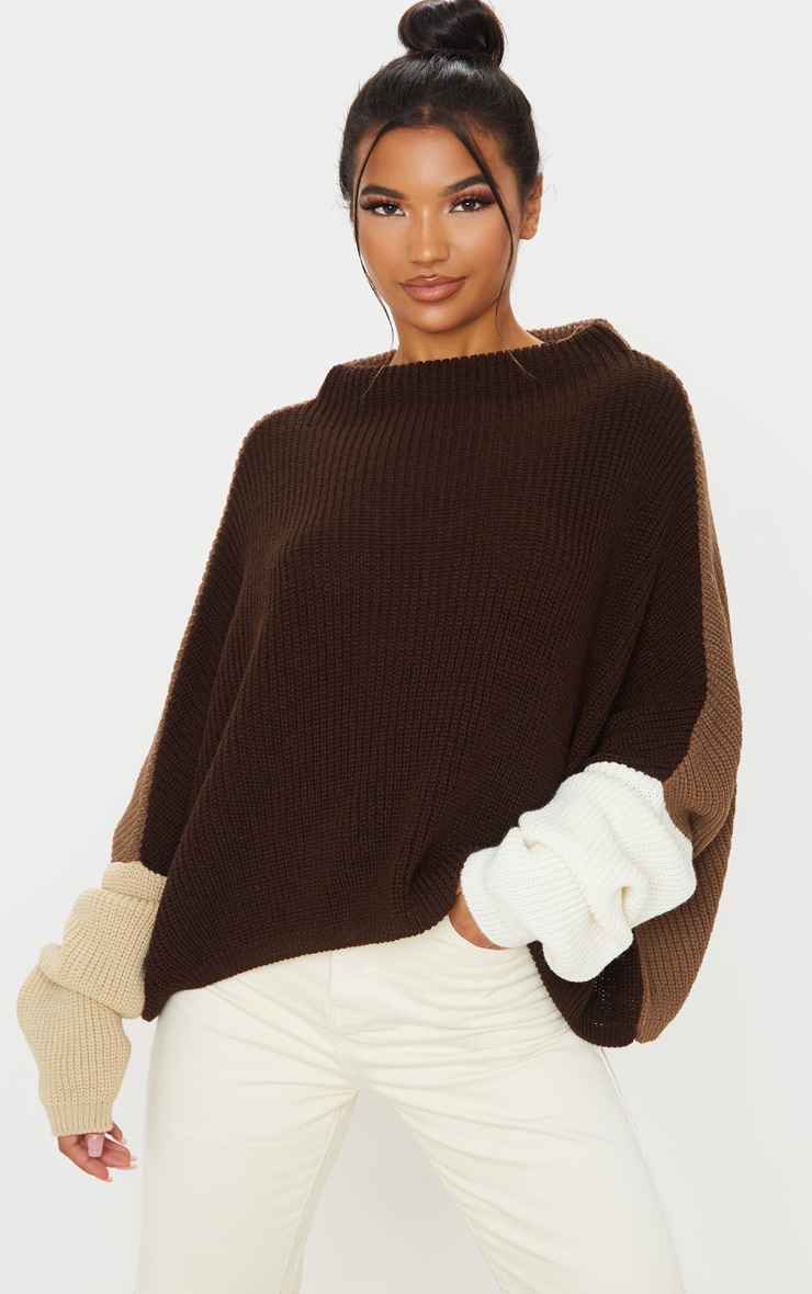 Brown Oversized Colour Block Knitted Jumper