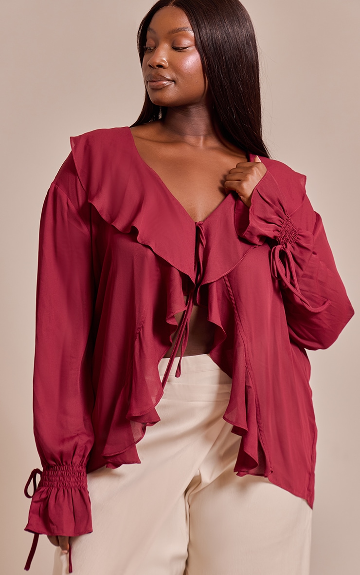 Plus Wine Chiffon Ruffle Tie Front Blouse image 4
