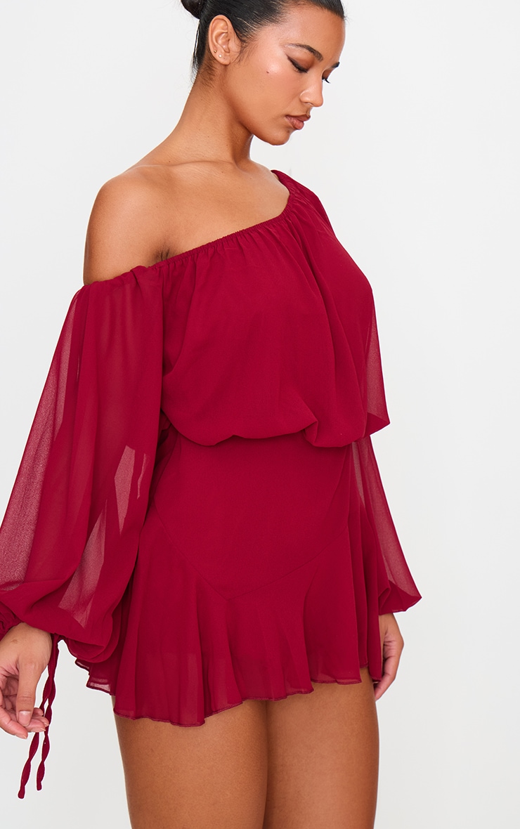 Burgundy Chiffon One Shoulder Floaty Detail Skort Playsuit image 4