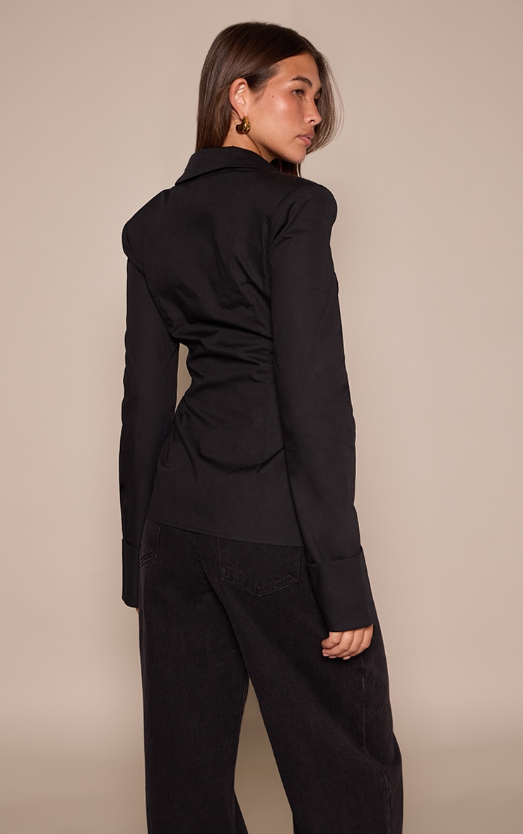 Black Cotton Cinched Cuff Detail Shoulder Pad Shirt image 2