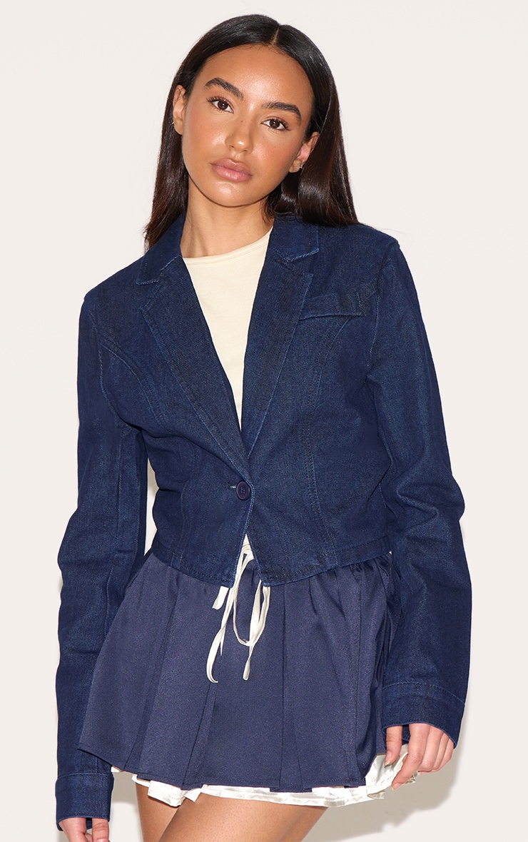 Blazer en denim indigo foncé court à taille cintrée, coupe petite image 4
