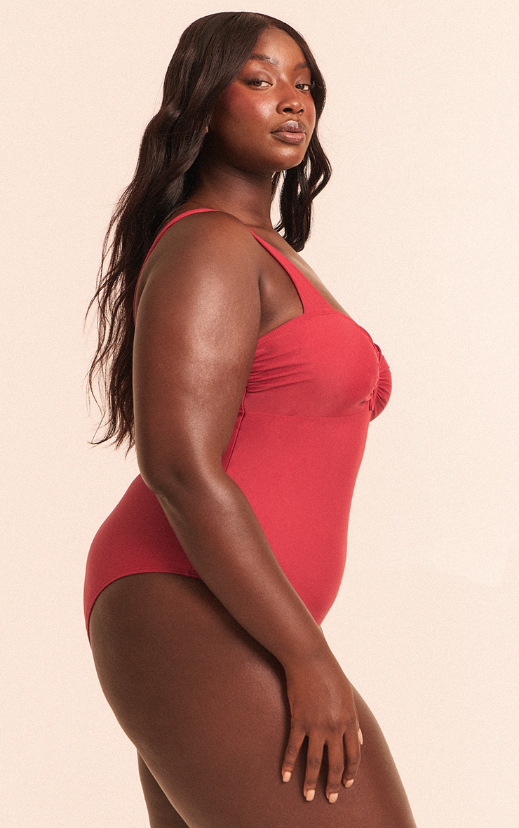 Plus Deep Red Underwired U Bar Ruched Cup Swimsuit image 3