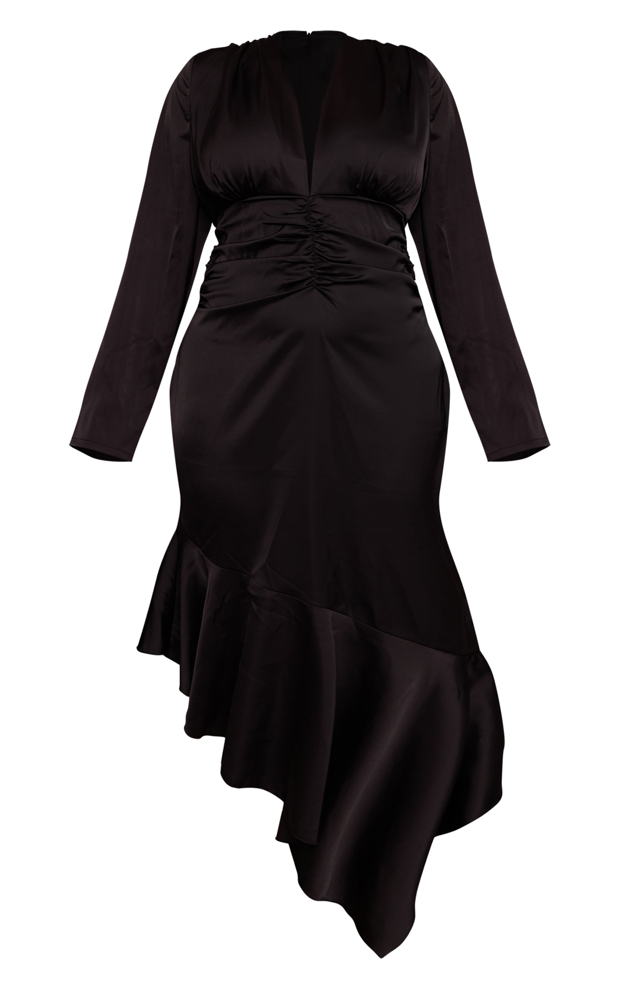Plus Black Satin Ruched Waist Long Sleeve Maxi Dress image 5