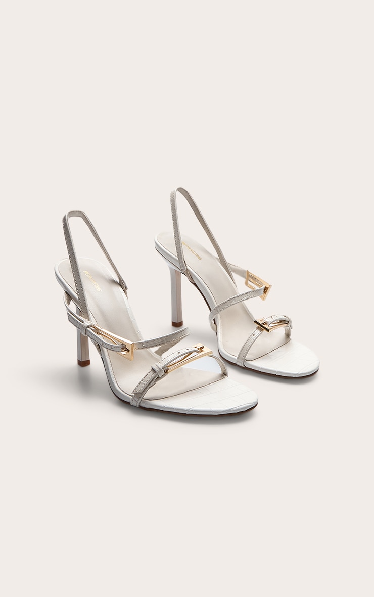 Cream Croc Buckle Asymmetric Strap Round Toe Heeled Sandals image 3