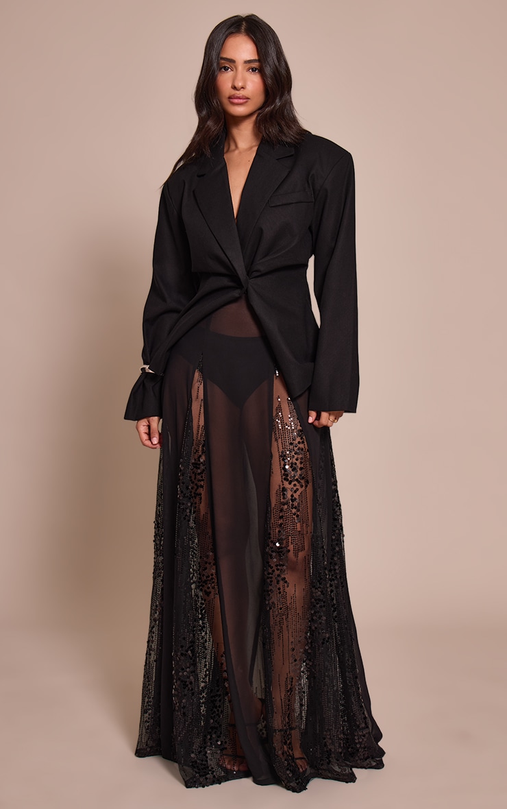 Petite Black Contrast Sequin Flowy Maxi Skirt image 1