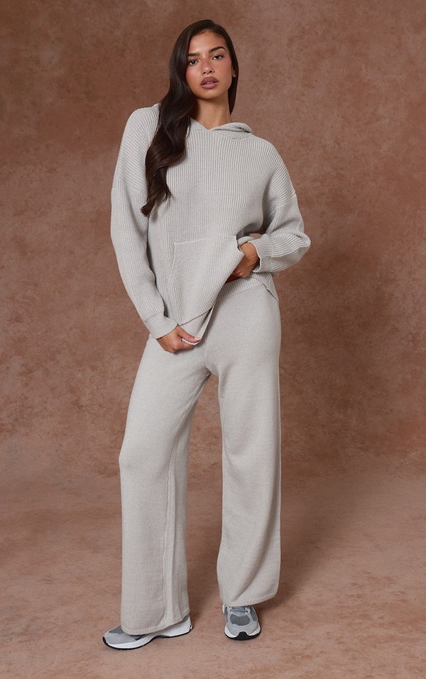 Grey Knitted Slouchy Wide Leg Trousers