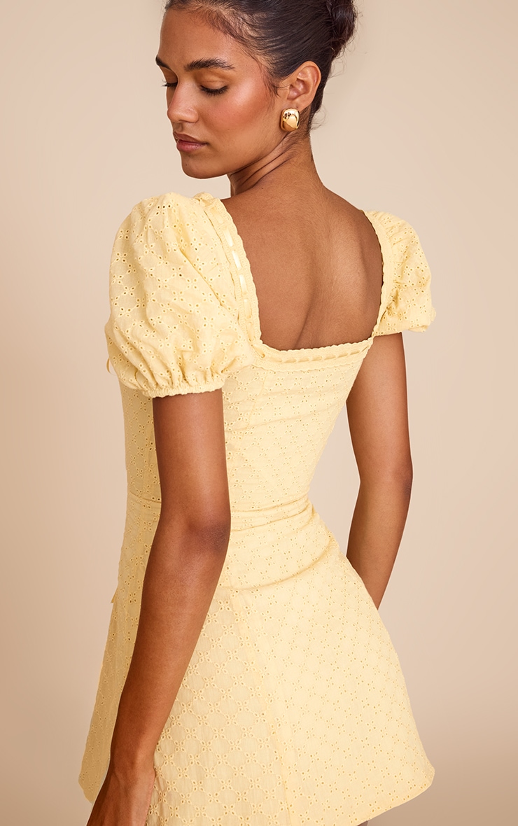 Yellow Broderie Puff Sleeve A-line Mini Dress image 2