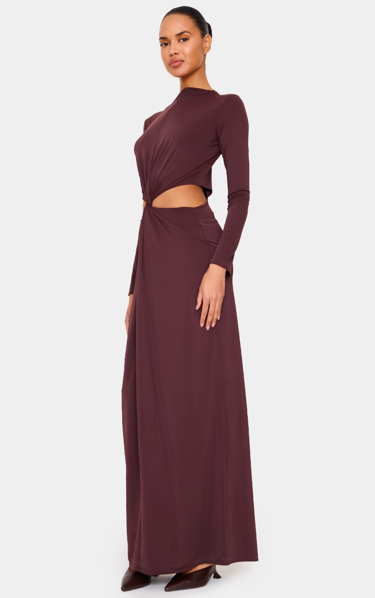 Chocolate Matte Sculpt Cut Out Twist Long Sleeve Maxi Dress image 3