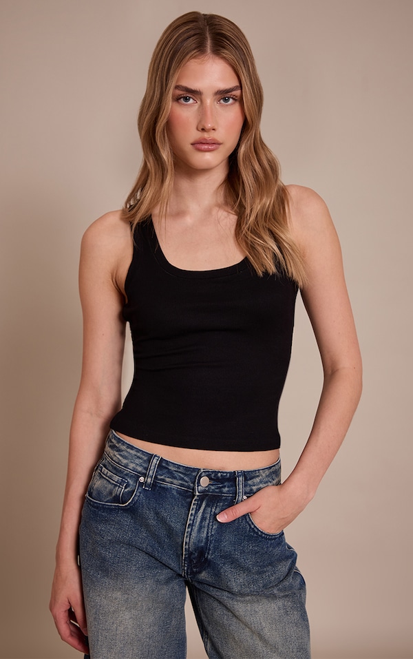  Black Soft Rib Scoop Neck Vest Top