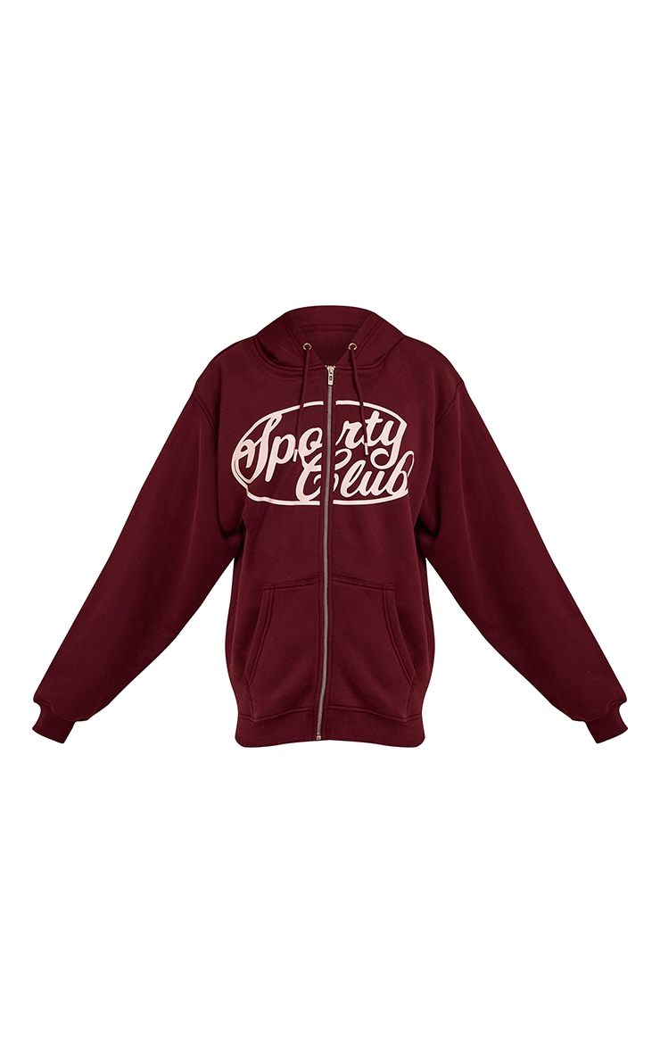 Hoodie oversize en coton polaire rouge vin imprimé "Sports Club" à zip image 5