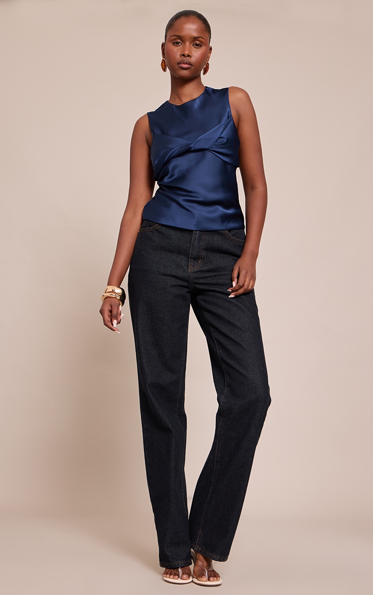 Navy Satin Overlay Twist Detail Long Top image 3
