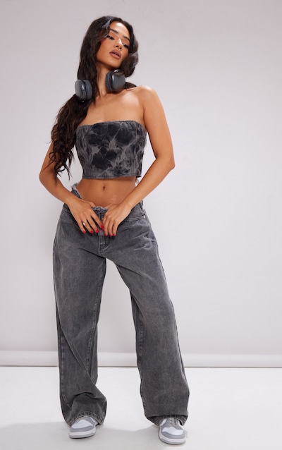 Petite Jean droit gris délavé à taille basse effilochée