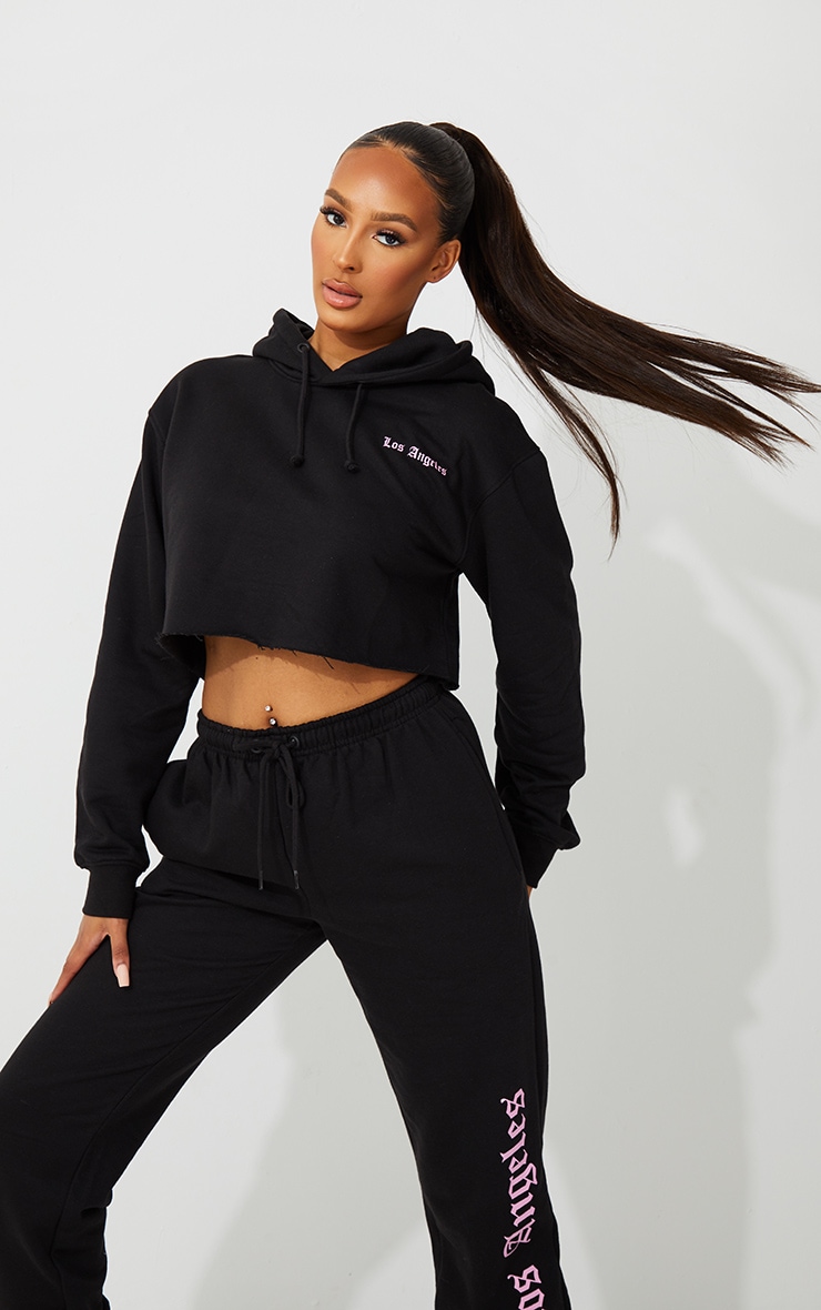 Black Los Angeles Printed Crop Hoodie