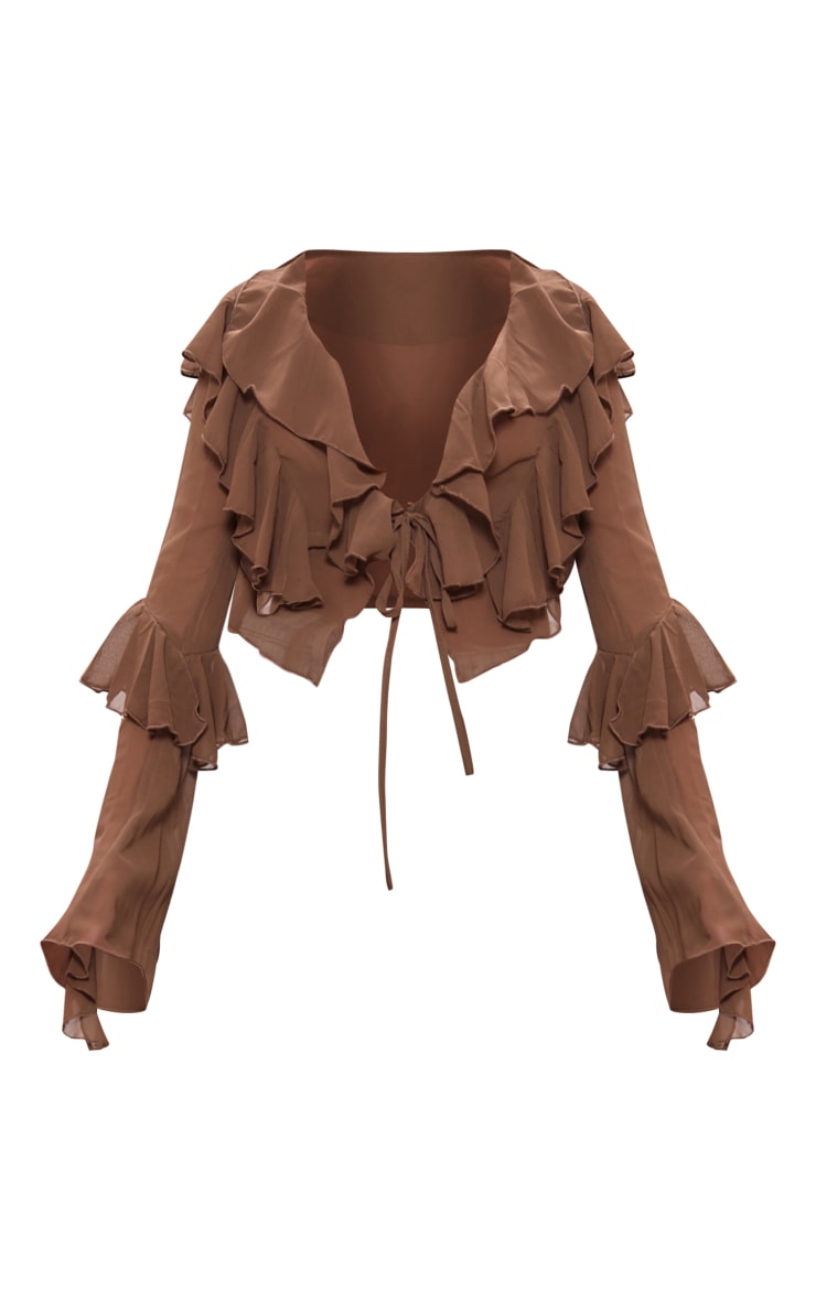 Chocolate Extreme Frill Tie Front Flare Sleeve Blouse image 5