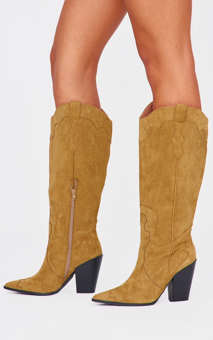 Taupe Wide Fit Faux Suede Point Toe Knee High Heeled Western Boots image 1