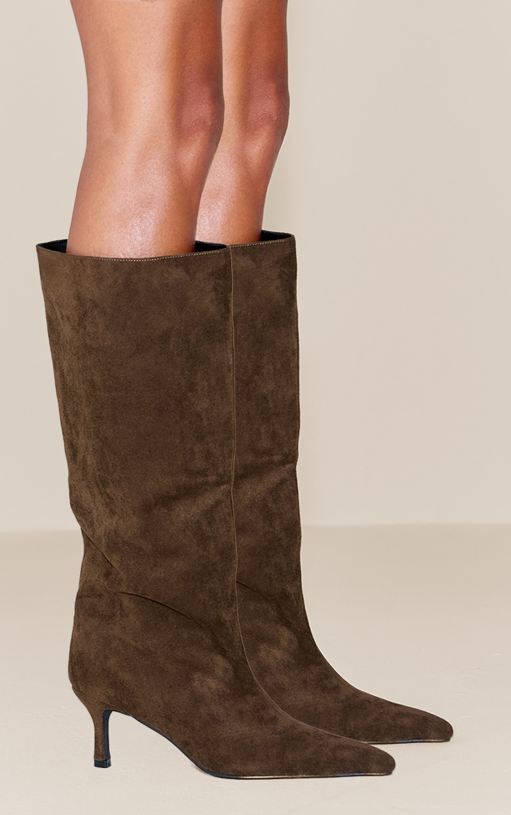 Olive Faux Suede Snipped Toe Low Heel Knee Boots image 2