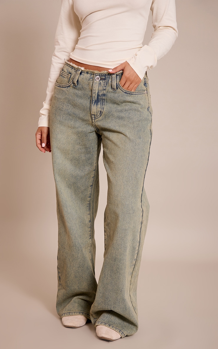 Petite Washed Grey Fray Waist Low Rise Straight Leg Jeans image 2