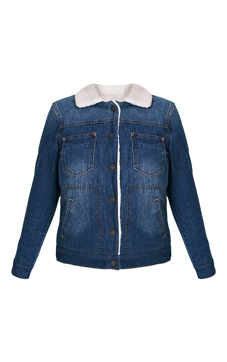 Daariela Mid Wash Shearling Lined Denim Jacket PrettyLittleThing