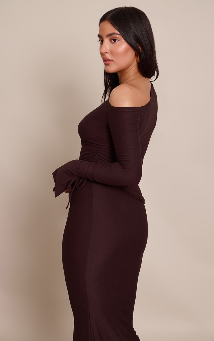 Dark Brown Soft Touch Asymmetric Ruched Long Sleeve Top image 2