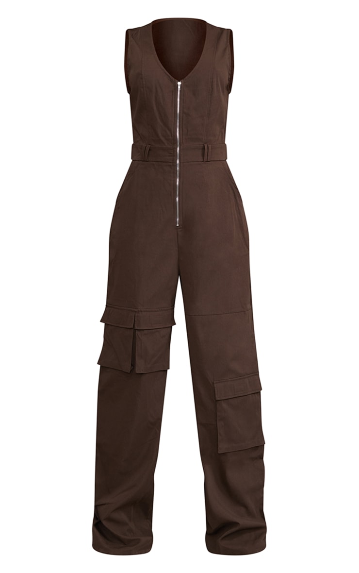 Chocolate Cargo V Neck Sleeveless Utility Jumpsuit PrettyLittleThing