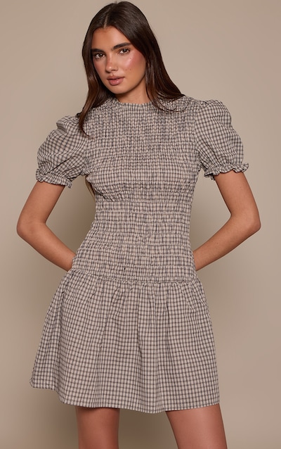 Grey Check Shirred Cap Sleeve Shift Dress