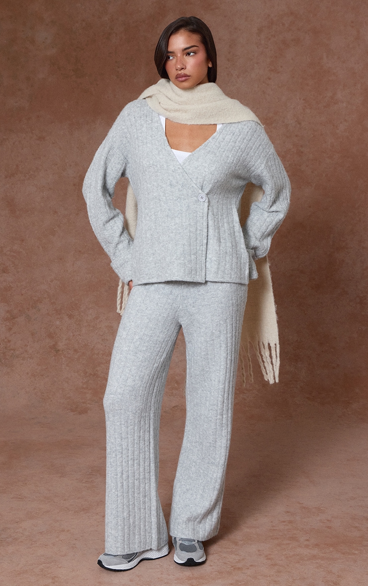 Pantalon large maille tricot côtelée douce grise