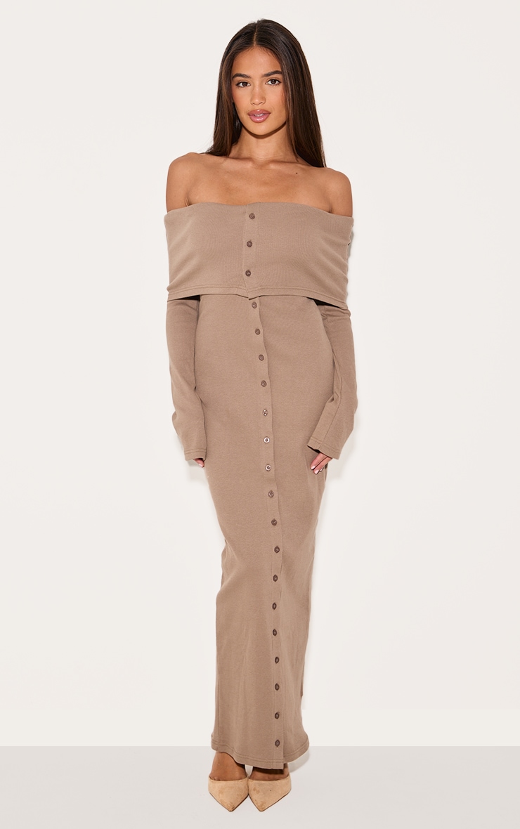  Taupe Rib Fold Over Bardot Button Maxi Dress